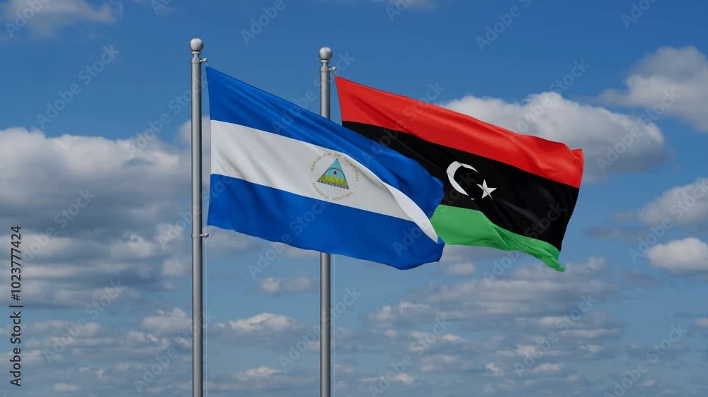 Libya and Nicaragua flags flying together, video concept of the relationship, two country cooperation concept Libya and Nicaragua flags flying together, video concept of the relationship, two country cooperation concept