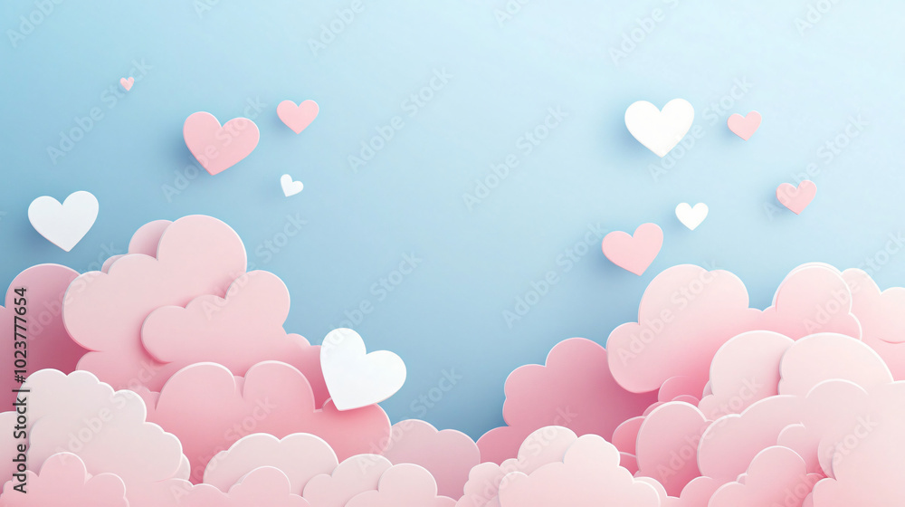Background with pink clouds in a light blue sky, with small white hearts floating around Background with pink clouds in a light blue sky, with small white hearts floating around