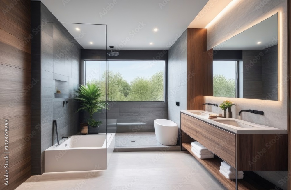 Modern bathroom interior design with wood and marble elements. Bathroom in loft style.