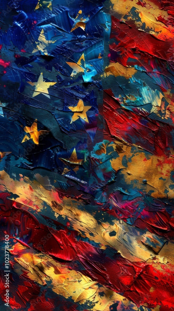 Vibrant abstract painting of the American flag with rich colors and textured brush strokes, creating a dynamic and patriotic visual. Vibrant abstract painting of the American flag with rich colors and textured brush strokes, creating a dynamic and patriotic visual.