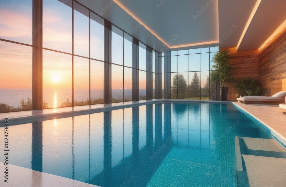 Obraz premium General plan. Indoor empty pool with panoramic windows and beautiful views. Swimming pool in a modern hotel resort.