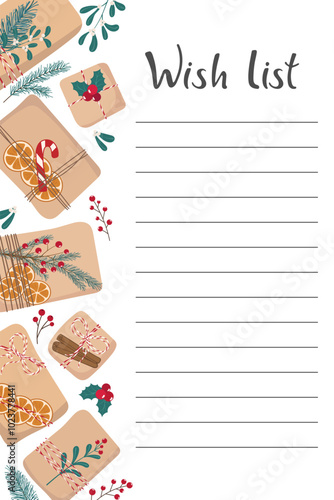 Christmas Wish list template. Winter Holidays preparing Background. Gift box in craft paper and plants Frame. Template for Card invitation Poster Banner