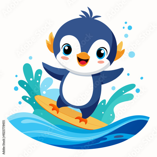 A cute baby penguin riding a surfboard in the ocean, with splashing water and fish, bubbles around it on white background 