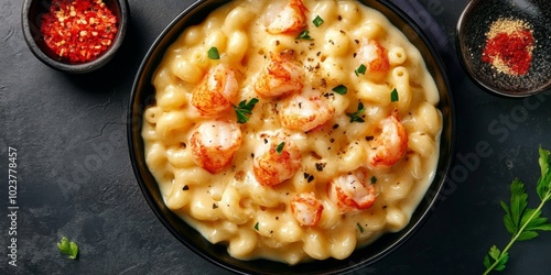 Indulge in a creamy seafood delight with rich macaroni and savory flavors.