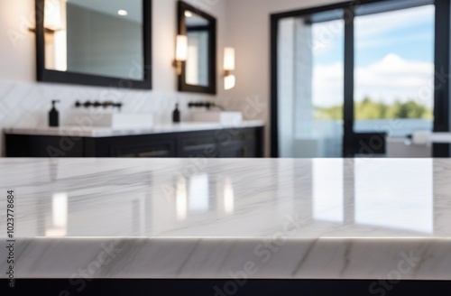 Wallpaper Mural Close-up of a marble countertop against a blurred background of a modern bathroom. Background for product photography. Torontodigital.ca