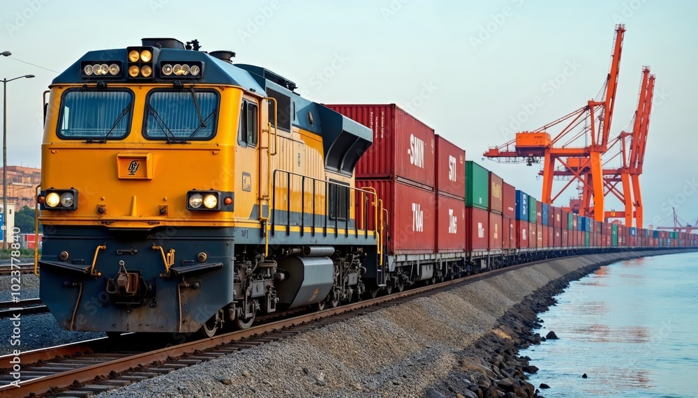Freight Train with Colorful Cargo Containers in a Scenic Rural Landscape: Ideal for Transport and Travel Themes Freight Train with Colorful Cargo Containers in a Scenic Rural Landscape: Ideal for Transport and Travel Themes