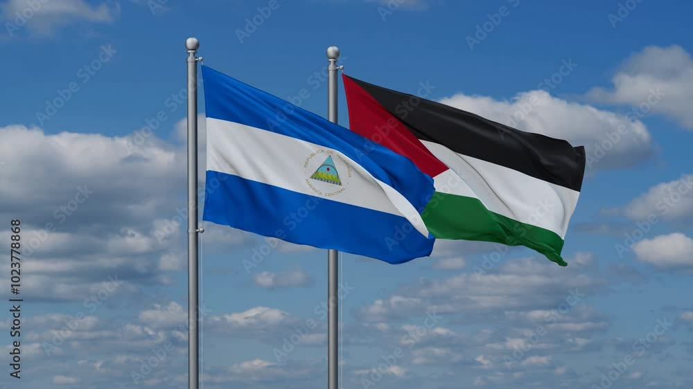 Palestine and Gaza Strip and Nicaragua two flags waving together on blue , video concept of the relationship Palestine and Gaza Strip and Nicaragua two flags waving together on blue , video concept of the relationship