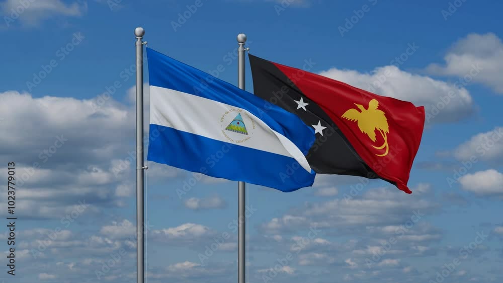 Papua New Guinea and Nicaragua flags flying together, video concept of the relationship, two country relations concept Papua New Guinea and Nicaragua flags flying together, video concept of the relationship, two country relations concept