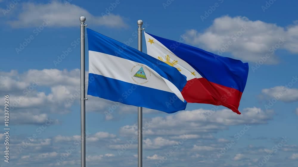 Philippines and Nicaragua flags flying together, video concept of the relationship, two country cooperation concept Philippines and Nicaragua flags flying together, video concept of the relationship, two country cooperation concept