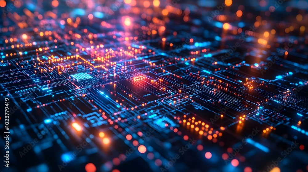 A background of a digital circuit board with glowing lines and neon lights, representing the high-tech nature of AI technology A background of a digital circuit board with glowing lines and neon lights, representing the high-tech nature of AI technology