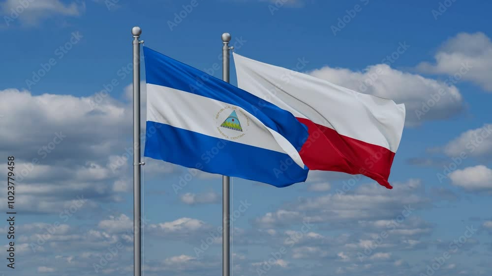 Poland and Nicaragua flags flying together, video concept of the relationship, two country cooperation concept Poland and Nicaragua flags flying together, video concept of the relationship, two country cooperation concept