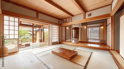 Serene Japanese-Style Home Interior with Wooden Beams and Tatami Mats