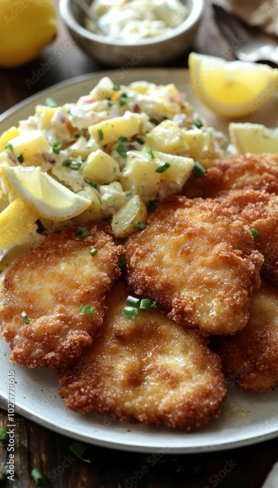 Crispy Schnitzel with Creamy Potato Salad and Lemon Wedges for Delicious Mealtime Crispy Schnitzel with Creamy Potato Salad and Lemon Wedges for Delicious Mealtime