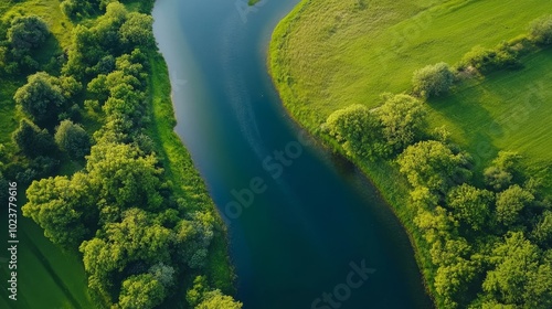 Tranquil river flanked by greenery photo