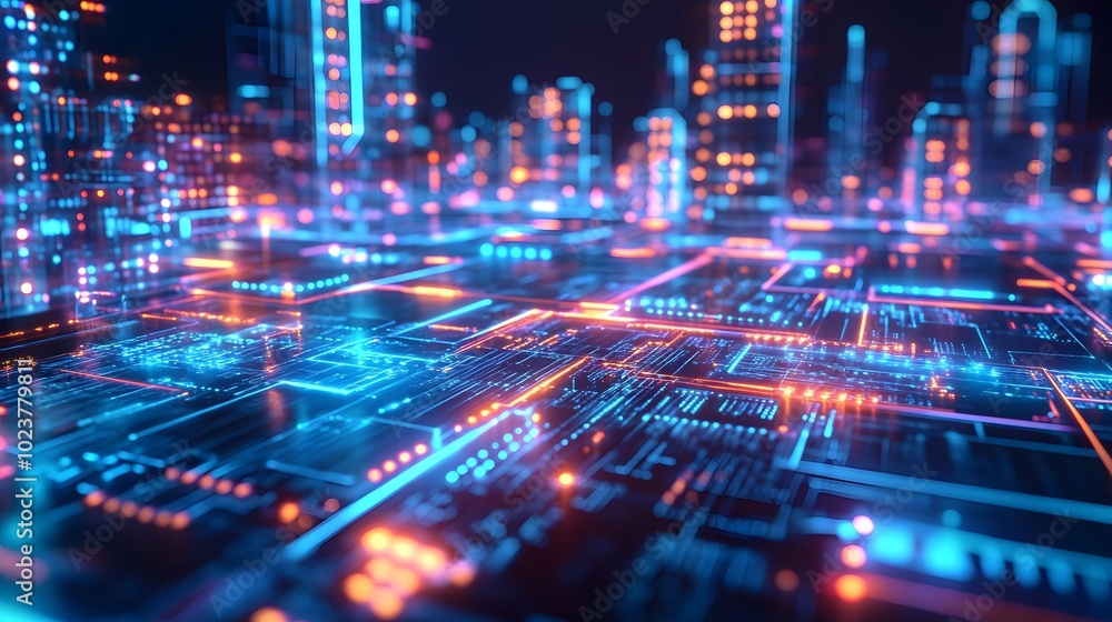 A background of a digital circuit board with glowing lines and neon lights, representing the high-tech nature of AI technology