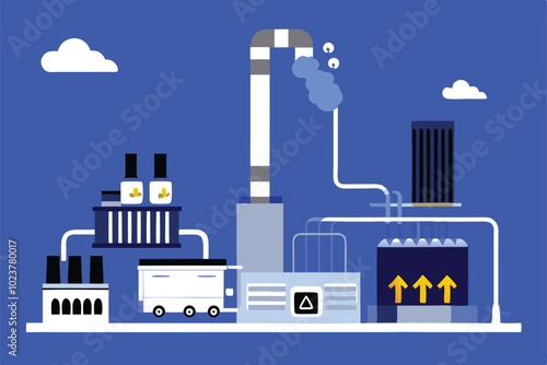 Illustration of a waste-to-energy recycling plant with a chimney, pipes, and a conveyor belt.