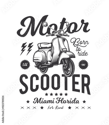 Classic old scooter poster. Original vector illustration in vintage style. T-shirt design.