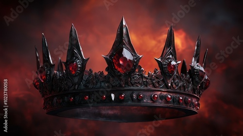 A black crown with red gems against a dramatic red sky background. photo