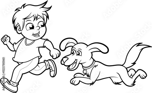 Niño corriendo junto con su perro, ilustracion vectorial sin color, en blanco y negro, arte lineal, pagina para colorear.