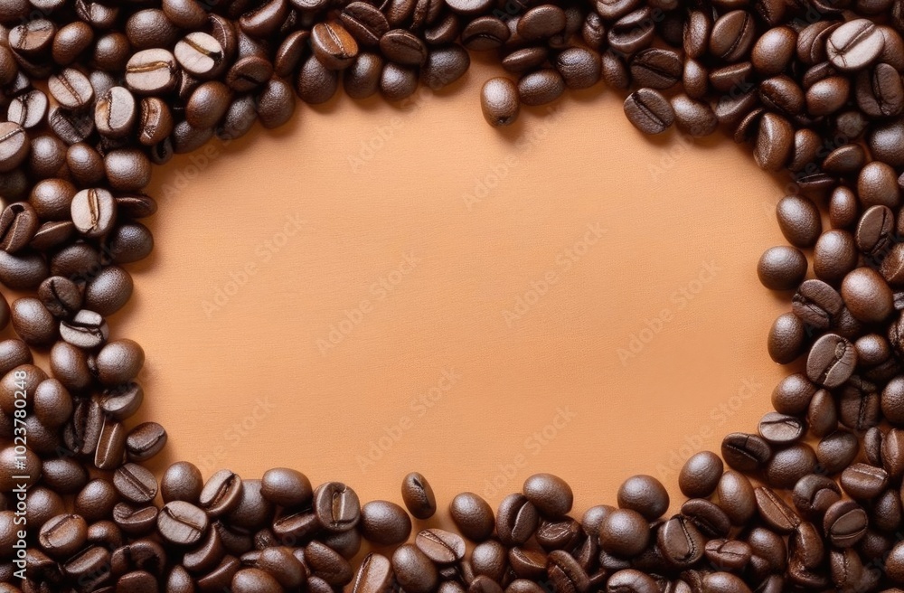 Top view of many coffee beans. Background made of coffee beans with space for an inscription in the center. Top view of many coffee beans. Background made of coffee beans with space for an inscription in the center.