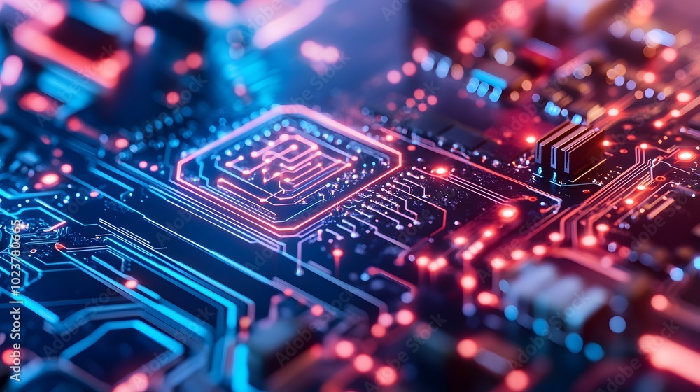 A background of a digital circuit board with glowing lines and neon lights, representing the high-tech nature of AI technology A background of a digital circuit board with glowing lines and neon lights, representing the high-tech nature of AI technology