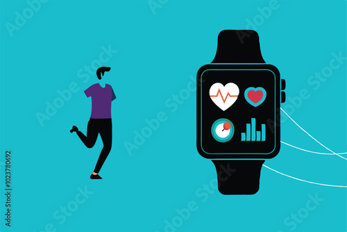 A person in black pants and a purple shirt jogging with a smartwatch on their wrist displaying health data like heart rate and steps.