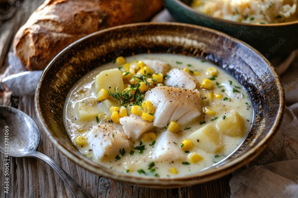 Warm Fish Chowder in Ceramic Bowl on Rustic Wooden Table for Comfort Food Photography Warm Fish Chowder in Ceramic Bowl on Rustic Wooden Table for Comfort Food Photography