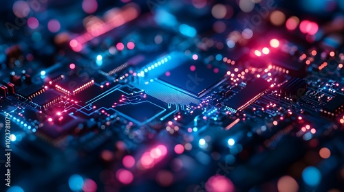 A background of a digital circuit board with glowing lines and neon lights, representing the high-tech nature of AI technology