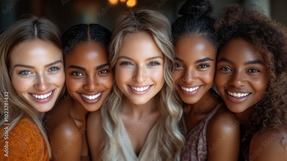 A group of five diverse multicultural happy women smiling together, representing friendship, unity, diversity in DEI using inclusivity to build human connections A group of five diverse multicultural happy women smiling together, representing friendship, unity, diversity in DEI using inclusivity to build human connections