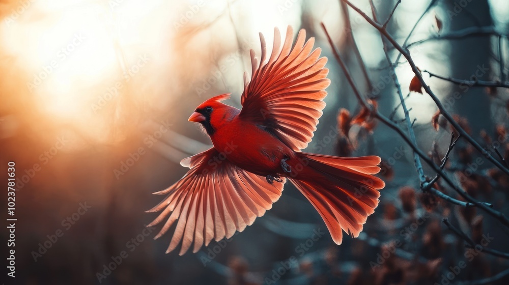 A vibrant red cardinal bird with its wings spread wide soars through the air in front of a blurred background of branches and sunlight. A vibrant red cardinal bird with its wings spread wide soars through the air in front of a blurred background of branches and sunlight.