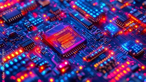 A background of a digital circuit board with glowing lines and neon lights, representing the high-tech nature of AI technology