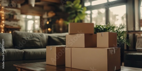 A vintage living room filled with stacked cardboard boxes.