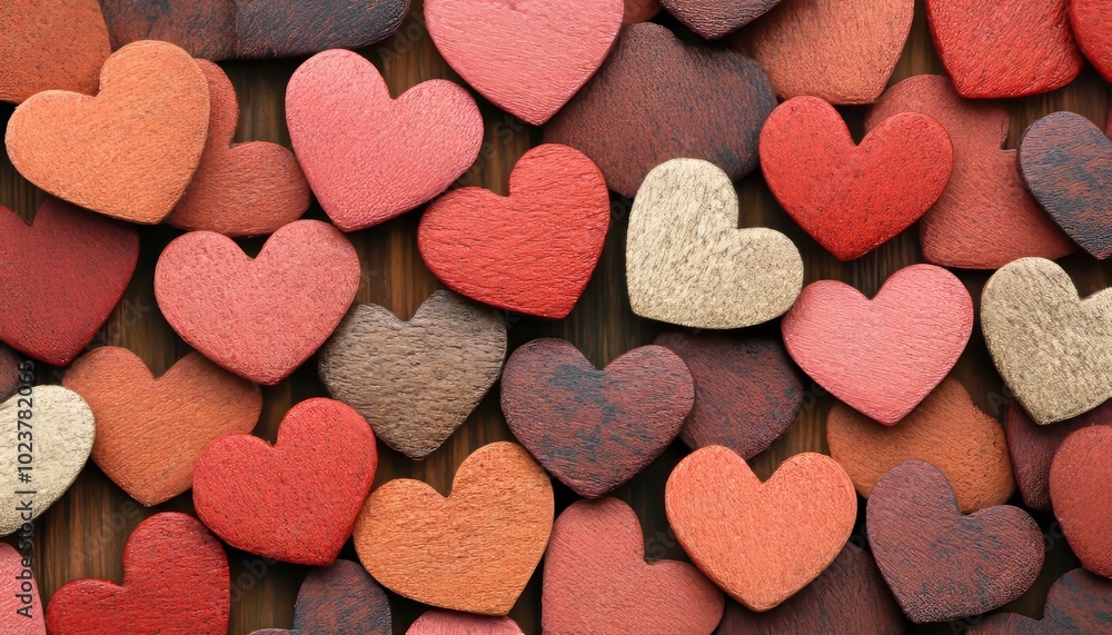 Obraz premium Wooden Hearts Background. Colorful Valentines Day Pattern. Romantic Texture, Top View