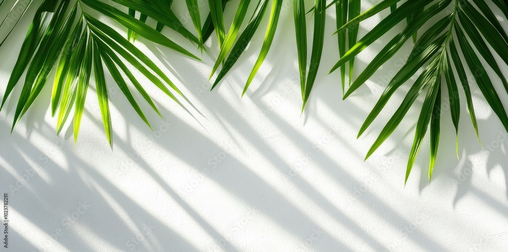 Fototapeta premium Bamboo leaves cast intricate shadows on an off-white wall, revealing delicate patterns enhanced by sunlight, creating a serene and organic atmosphere.