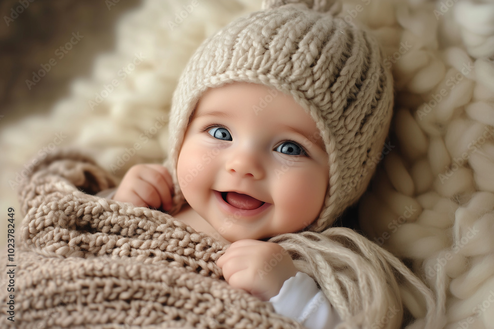 A joyful baby in a cozy knit sweater radiates warmth and happiness with their smile. Generative AI A joyful baby in a cozy knit sweater radiates warmth and happiness with their smile. Generative AI