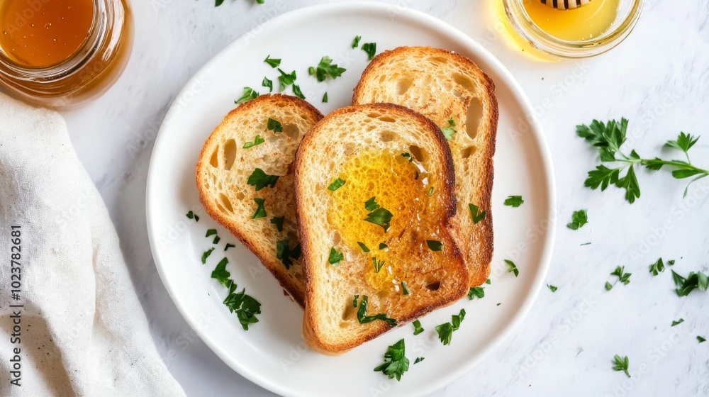 Toast with Honey and Fresh Herbs on White Plate Toast with Honey and Fresh Herbs on White Plate