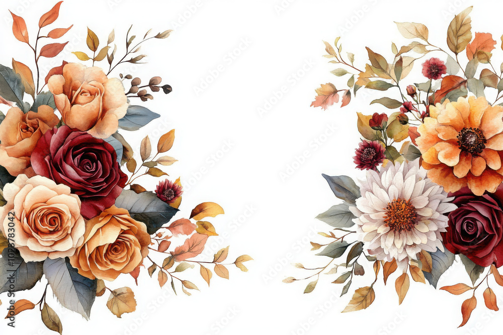 Autumn floral corner border with dahlia, rose and eucalyptus leaves. Fall frame, banner, background. Burnt orange flowers, yellow, terracotta foliage. Watercolor illustration. Rustic wedding