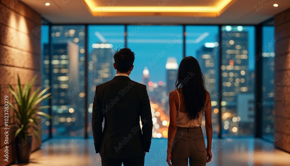 Fototapeta premium Young Asian Couple Enjoying a Night View of a City Skyline Together