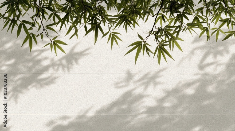 Bamboo leaves cast intricate shadows on an off-white wall, revealing delicate patterns enhanced by sunlight, creating a serene and organic atmosphere Bamboo leaves cast intricate shadows on an off-white wall, revealing delicate patterns enhanced by sunlight, creating a serene and organic atmosphere