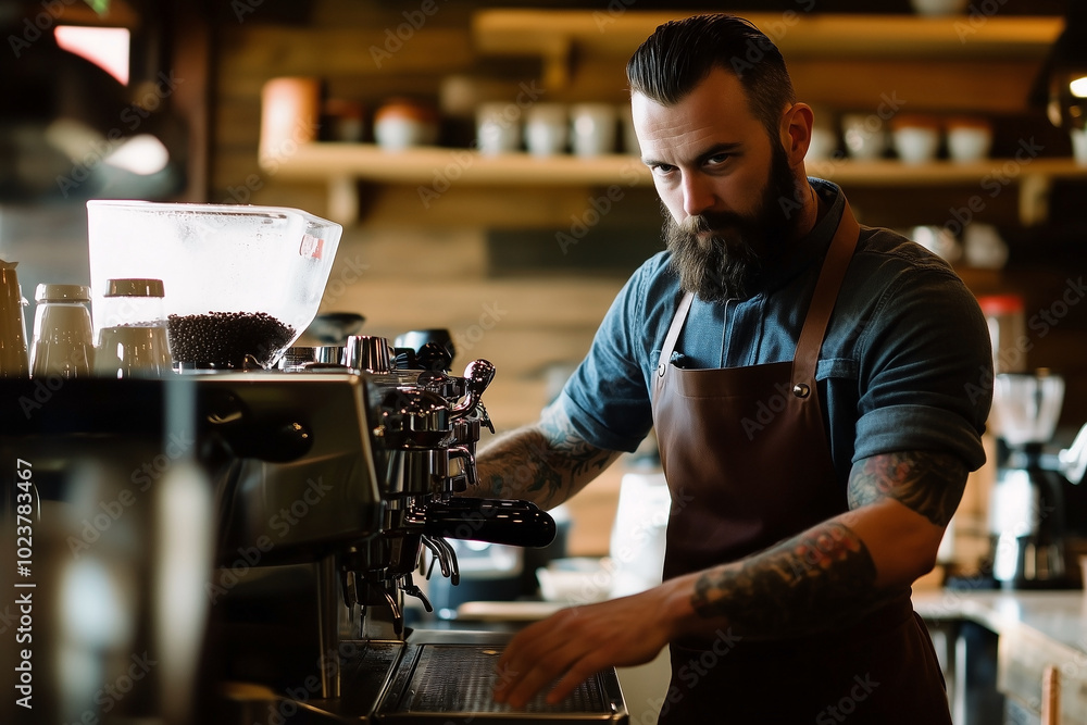 Man barista preparing coffee in a cozy cafe. Generative AI Man barista preparing coffee in a cozy cafe. Generative AI