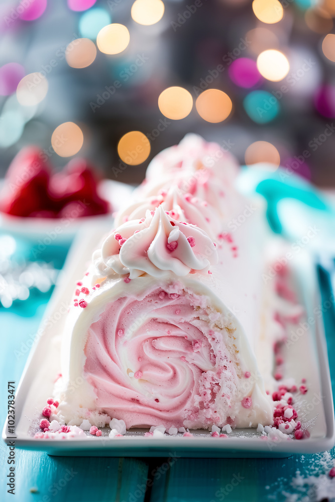 Strawberry ice cream cake on a blue wooden table with Christmas lights in the background Strawberry ice cream cake on a blue wooden table with Christmas lights in the background