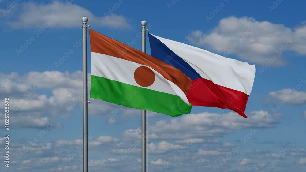 Czech Republic and Niger flags flying together, video concept of the relationship, two country relations concept Czech Republic and Niger flags flying together, video concept of the relationship, two country relations concept