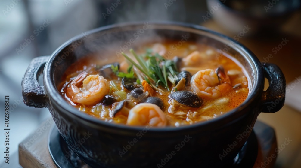 Delicious Seafood Soup with Fresh Ingredients and Steam Delicious Seafood Soup with Fresh Ingredients and Steam