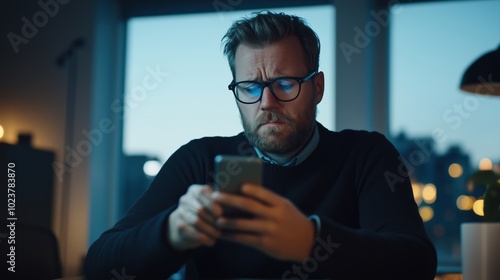 Employee in glasses sitting at desk distracted scrolling on phone in looking stressed and uneasy