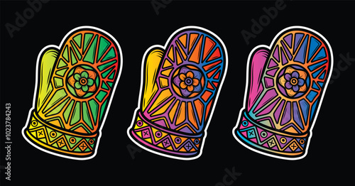 Winter mitten with a pattern and a flower. Original vector illustration in vintage style. T-shirt design.