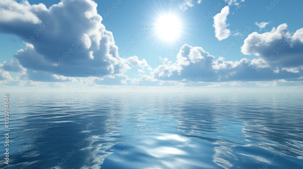 A serene view of a bright blue sky with fluffy white clouds reflecting on the calm, still, blue ocean water. The sun shines brightly in the center of the frame. A serene view of a bright blue sky with fluffy white clouds reflecting on the calm, still, blue ocean water. The sun shines brightly in the center of the frame.