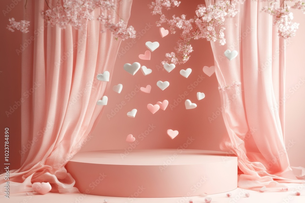 Pink Podium With Flying Hearts Ideal Background For Valentines Day Or Romantic Products Display