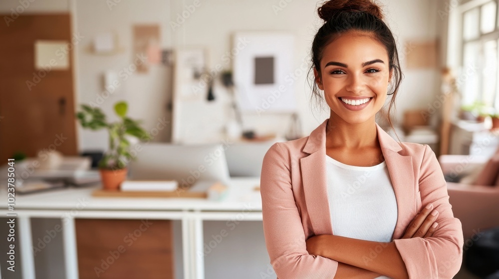 Confident Business Executive Posing in Minimalist Modern Office with Soft Lighting and Blurred Backdrop Confident Business Executive Posing in Minimalist Modern Office with Soft Lighting and Blurred Backdrop