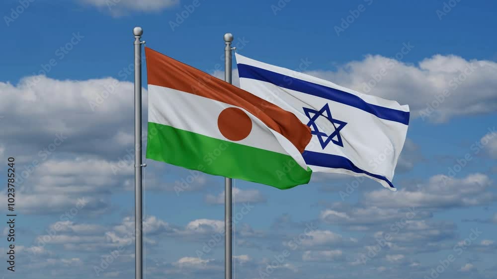 Israel and Niger flags flying together, video concept of the relationship, two country relations concept Israel and Niger flags flying together, video concept of the relationship, two country relations concept