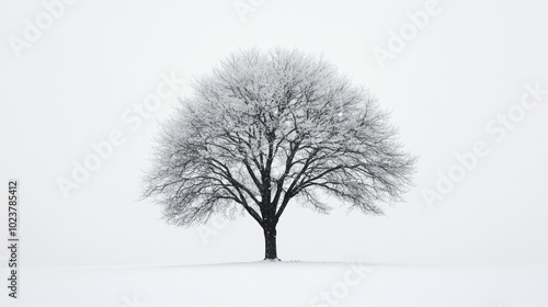 A solitary tree stands in a snowy landscape, creating a serene and tranquil atmosphere.